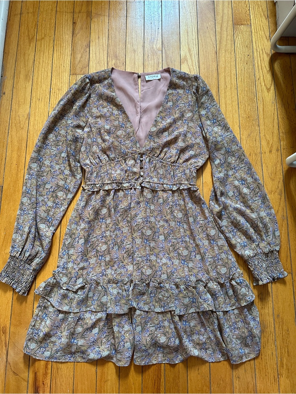 Storia Brown and Lavender Floral Ruffle Long-Sleeve Dress